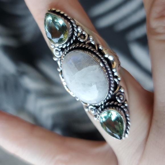 New Rainbow Moonstone & Green Amethyst 925 Silver Statement Ring. - Picture 6 of 15